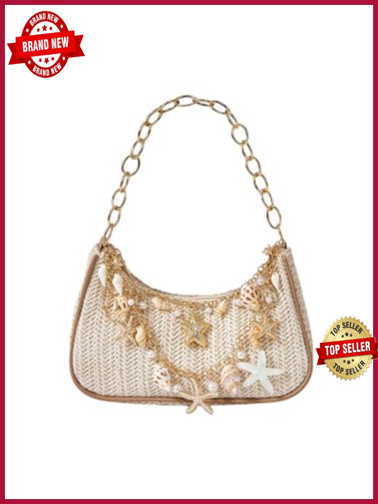 Straw Beach Purse Seashell Beaded Shoulder Handbag Summer Vacation Boho